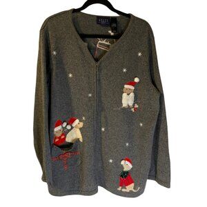 Crazy Horse Women's Christmas Dogs Sweater Plus Size 1X Full Zip Pockets Holiday